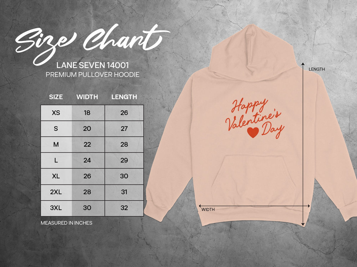 Lane Seven 14001 Premium Pullover Hoodie size chart with width and length measurements in inches.
