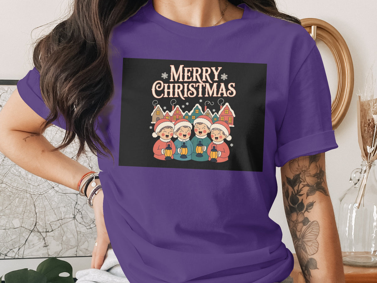 "Merry Christmas" text above carolers holding lanterns in front of houses.