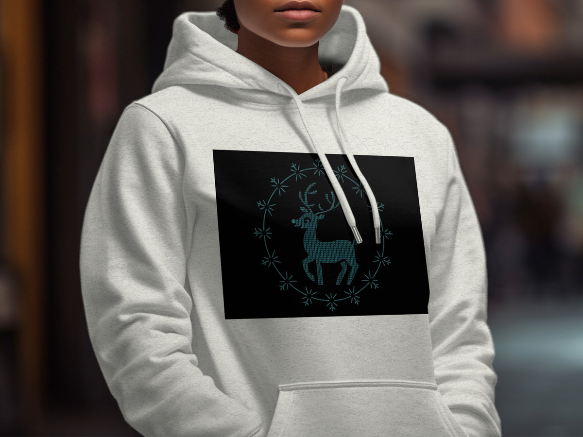Light gray hoodie with a dark square featuring a teal reindeer and snowflake design.