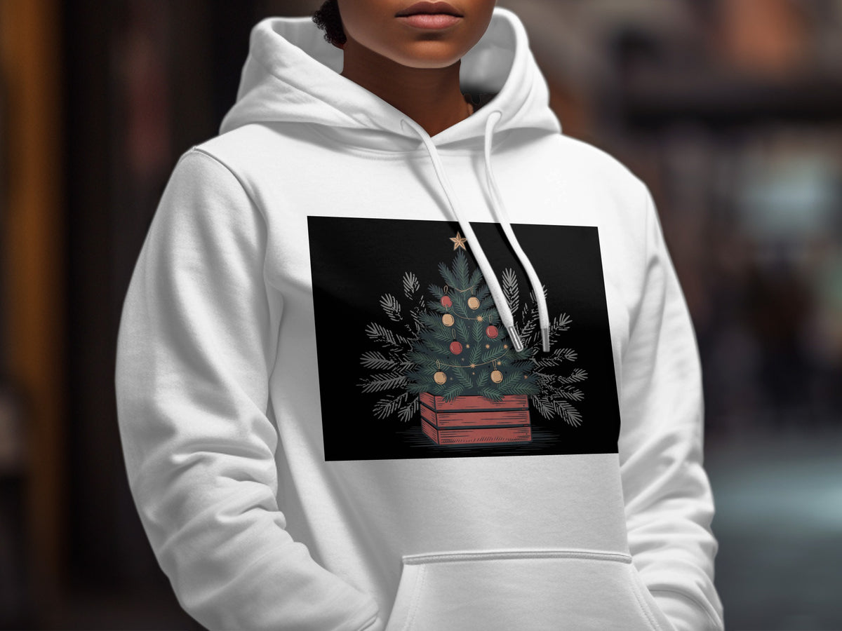 White hoodie featuring a graphic of a decorated Christmas tree in a wooden crate.