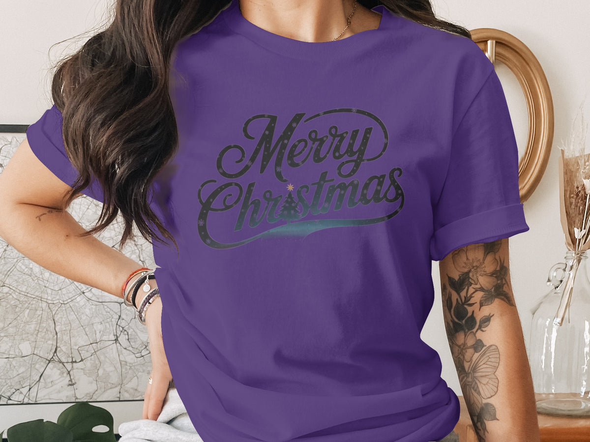 Purple t-shirt with "Merry Christmas" text and a small Christmas tree.