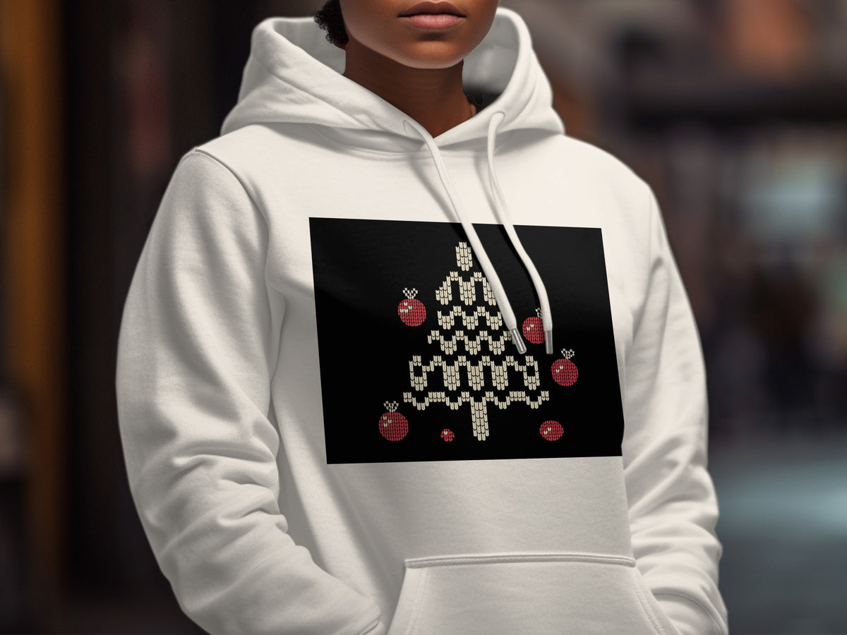 White hoodie with a black square featuring a pixelated Christmas tree and ornaments.