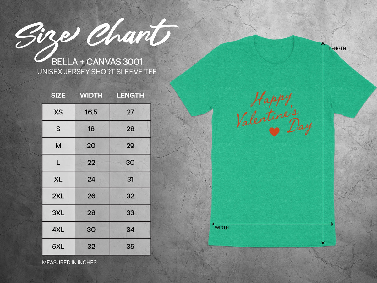 Bella + Canvas 3001 unisex jersey short sleeve tee size chart with measurements in inches.