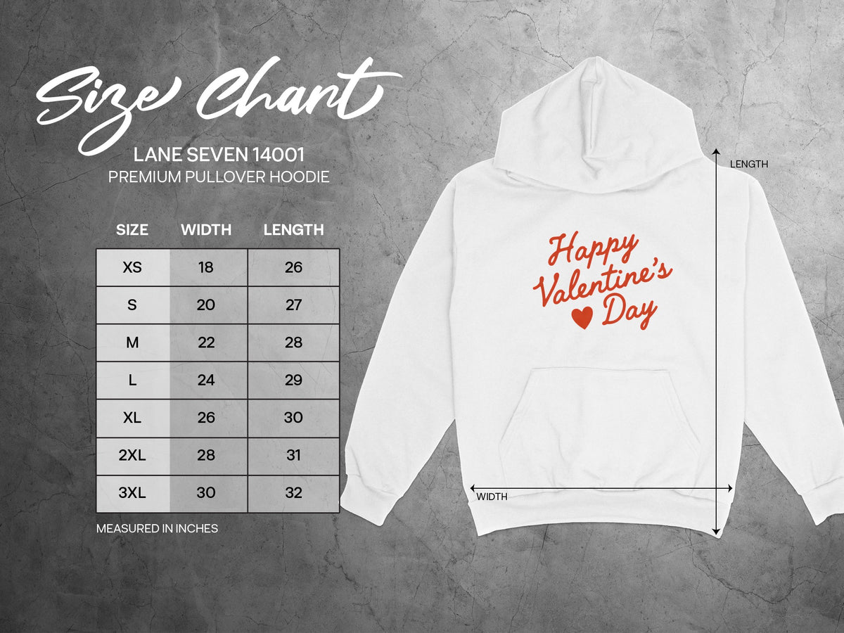 Lane Seven 14001 Premium Pullover Hoodie size chart with width and length in inches.