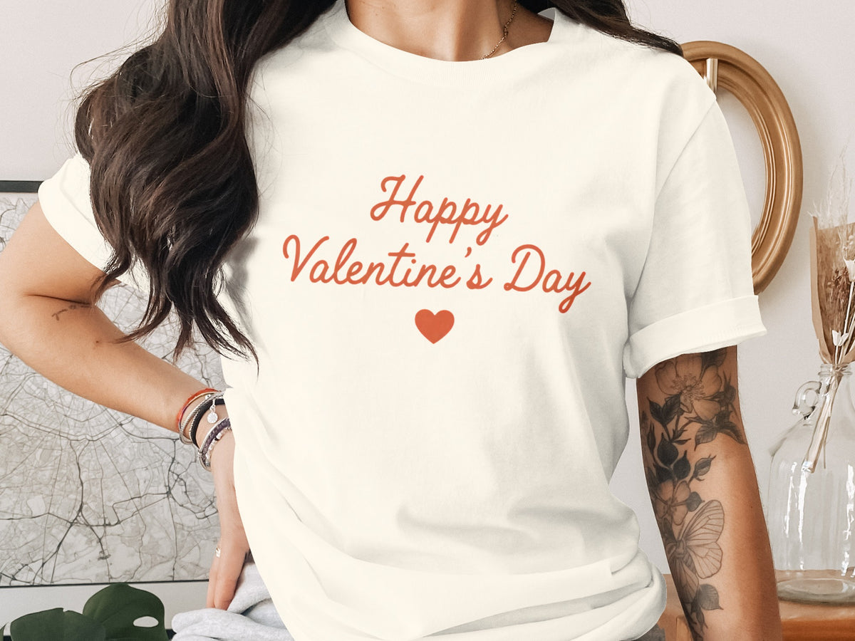 Cream t-shirt with "Happy Valentine's Day" and a red heart.