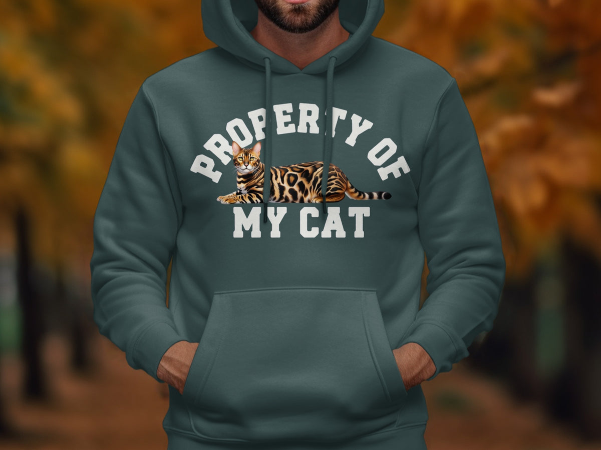 Teal hoodie with "PROPERTY OF MY CAT" text and a Bengal cat graphic.