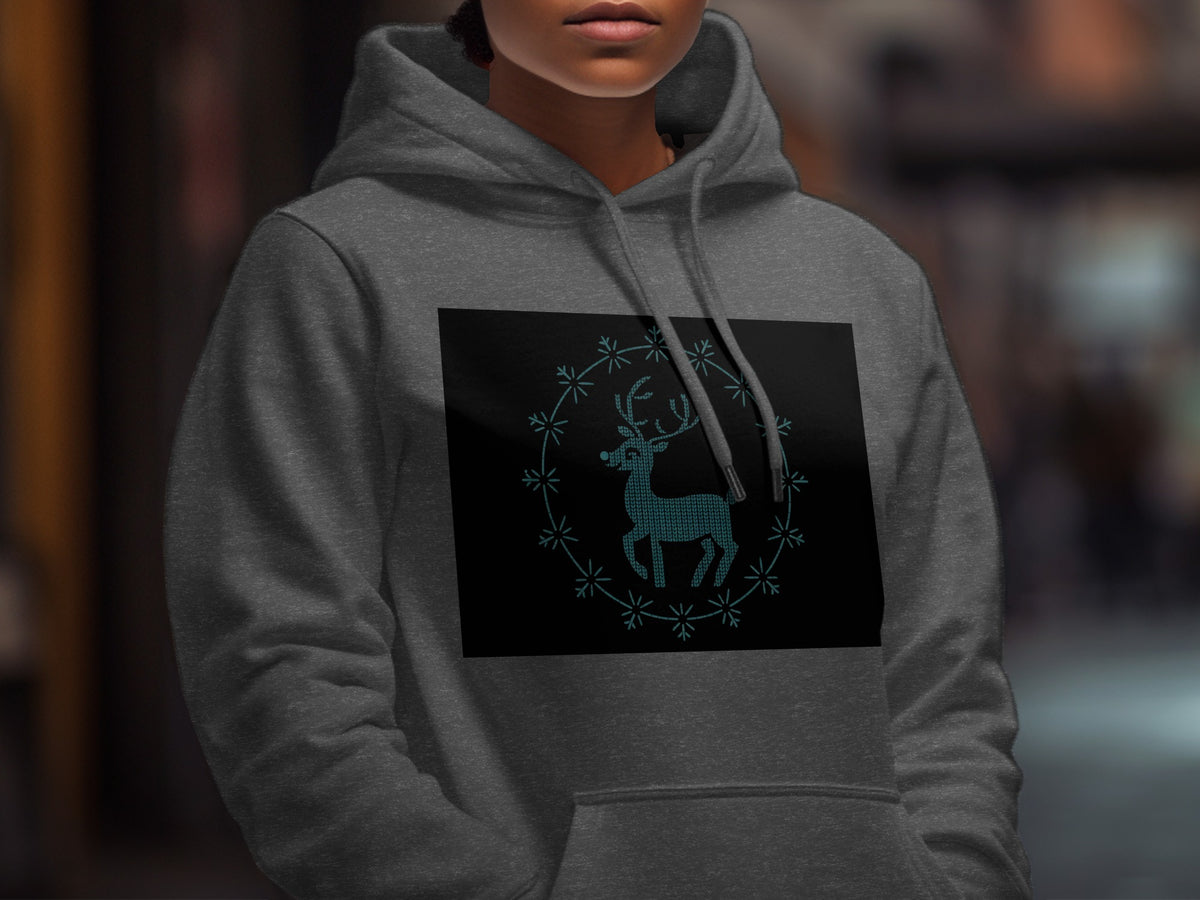 Dark grey hoodie with a teal pixelated deer and snowflake graphic.