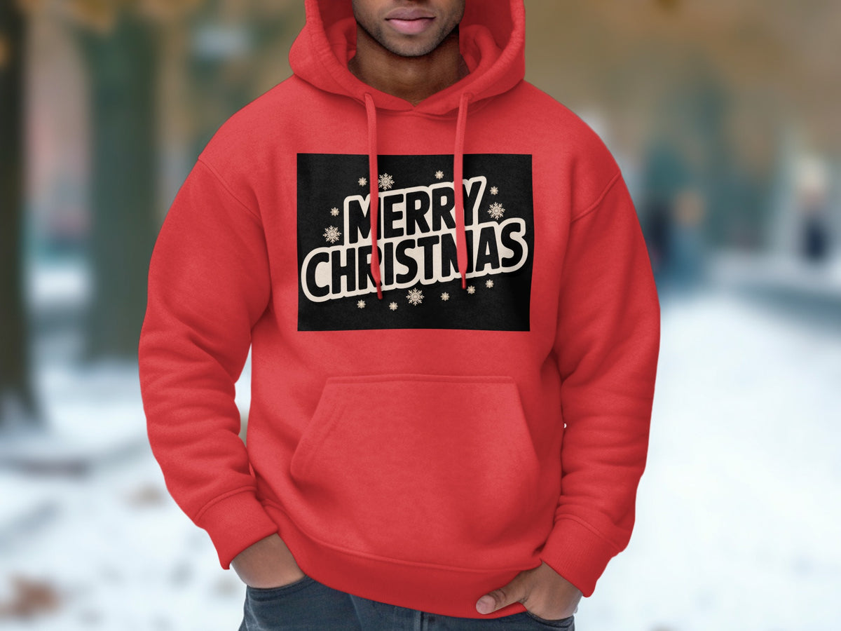 Red hoodie with black rectangle featuring "Merry Christmas" text and snowflakes.