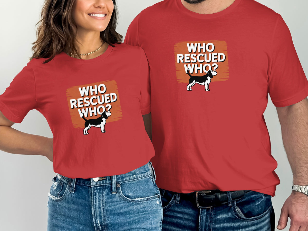 Two red t-shirts featuring a dog illustration and "WHO RESCUED WHO?" text.