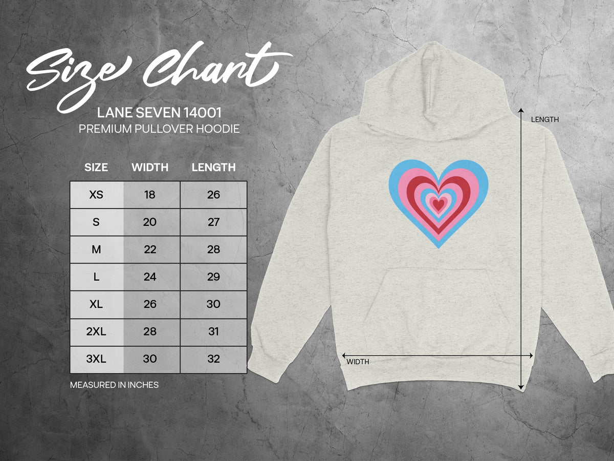 Size chart for Lane Seven 14001 Premium Pullover Hoodie with heart graphic.