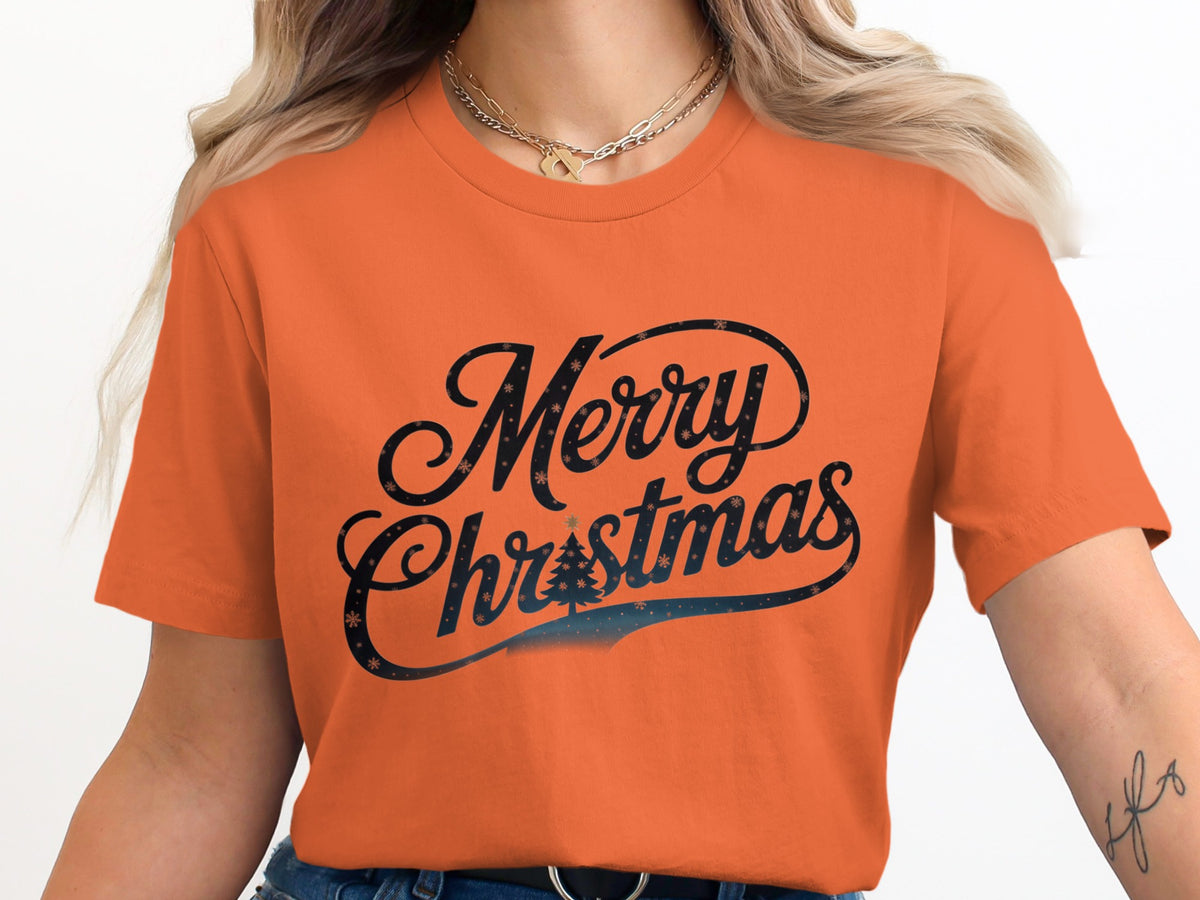 Orange t-shirt with "Merry Christmas" text and a stylized Christmas tree.