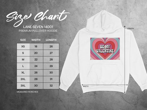 Lane Seven 14001 hoodie size chart with width and length measurements in inches.