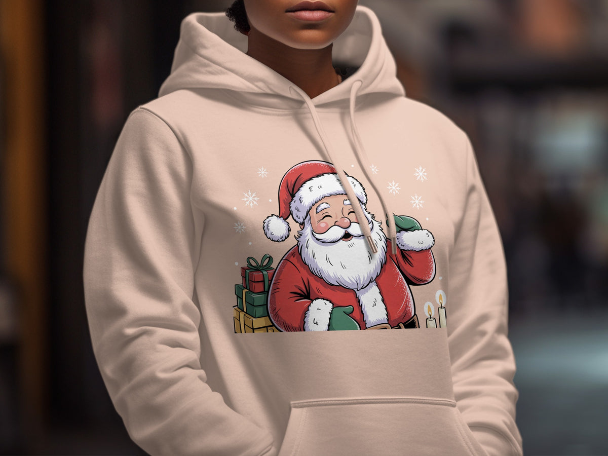 A light pink hoodie features a cheerful Christmas graphic of Santa Claus surrounded by gifts.