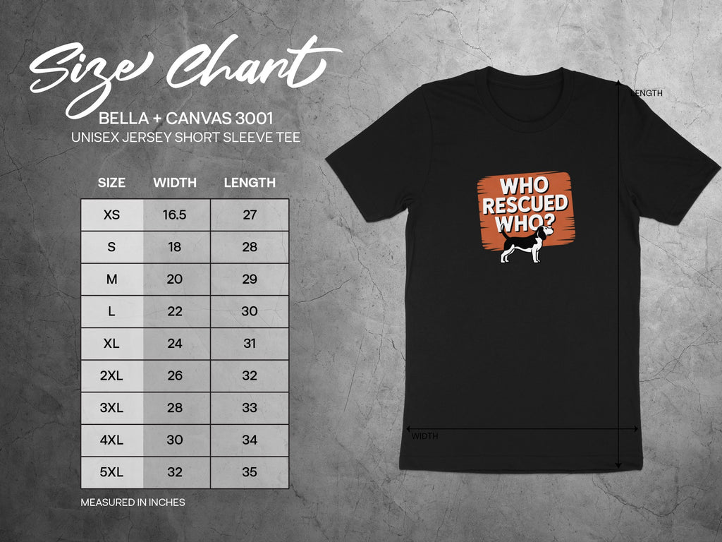 BELLA+CANVAS 3001 size chart for unisex jersey short sleeve tee with dog graphic.
