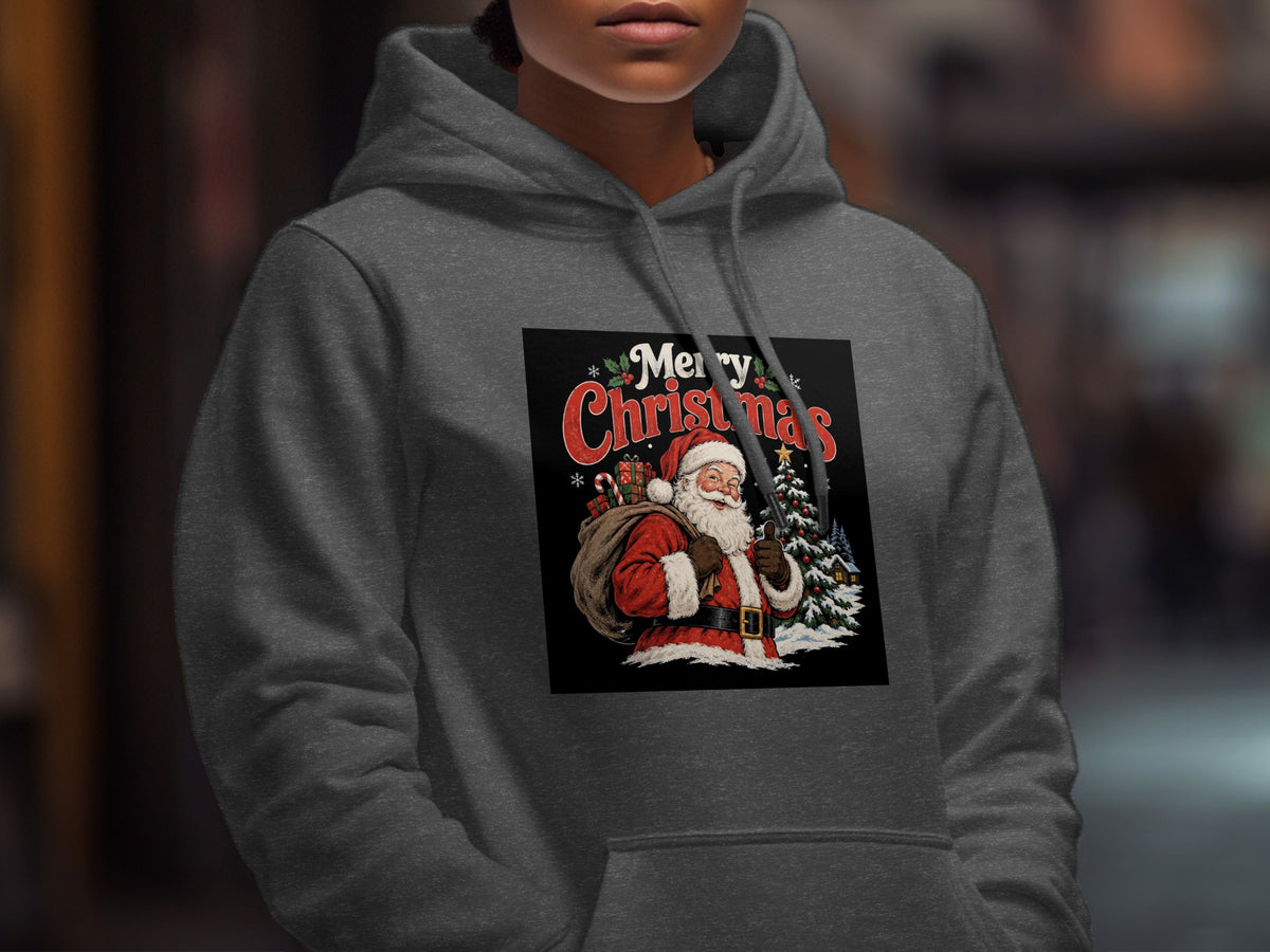 Santa Claus with gift bag and Christmas tree, "Merry Christmas" text.