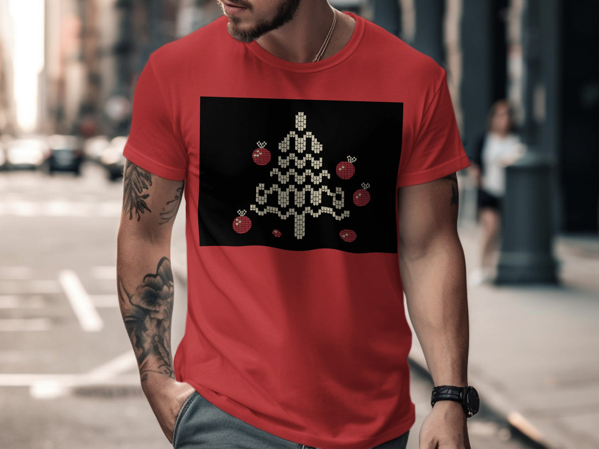Red t-shirt with black panel featuring a knit-style Christmas tree and ornaments.