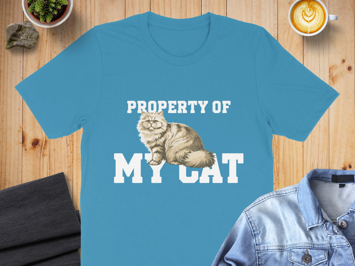 Blue t-shirt with "Property of My Cat" and a Persian cat graphic.