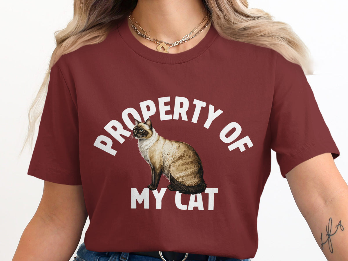 Maroon t-shirt with a Siamese cat graphic and "Property of My Cat" text.
