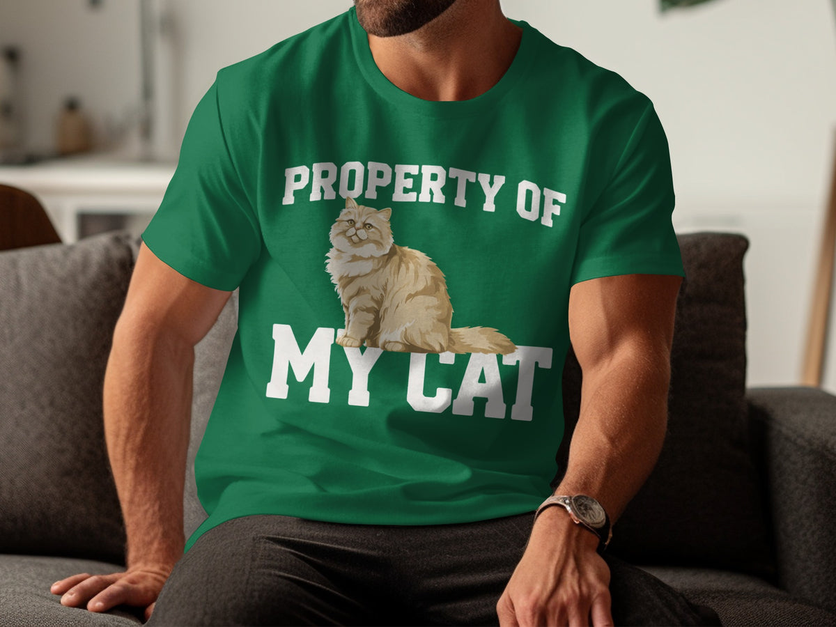 Green t-shirt with "PROPERTY OF MY CAT" and a fluffy cat graphic.