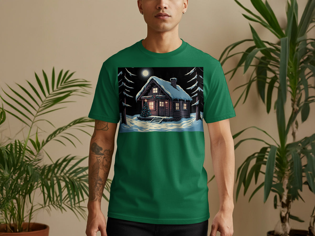 Green t-shirt with a festive winter cabin scene at night on the chest.