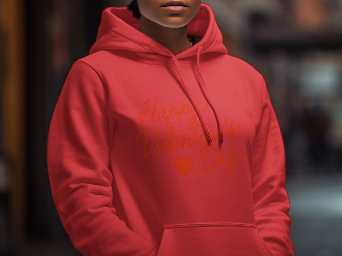Red hoodie with "Happy Valentine's Day" text and a heart graphic.