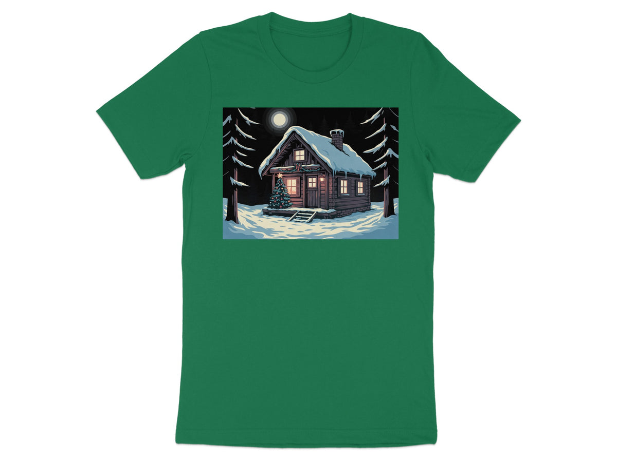 Winter cabin scene with decorated Christmas tree and full moon in a forest.