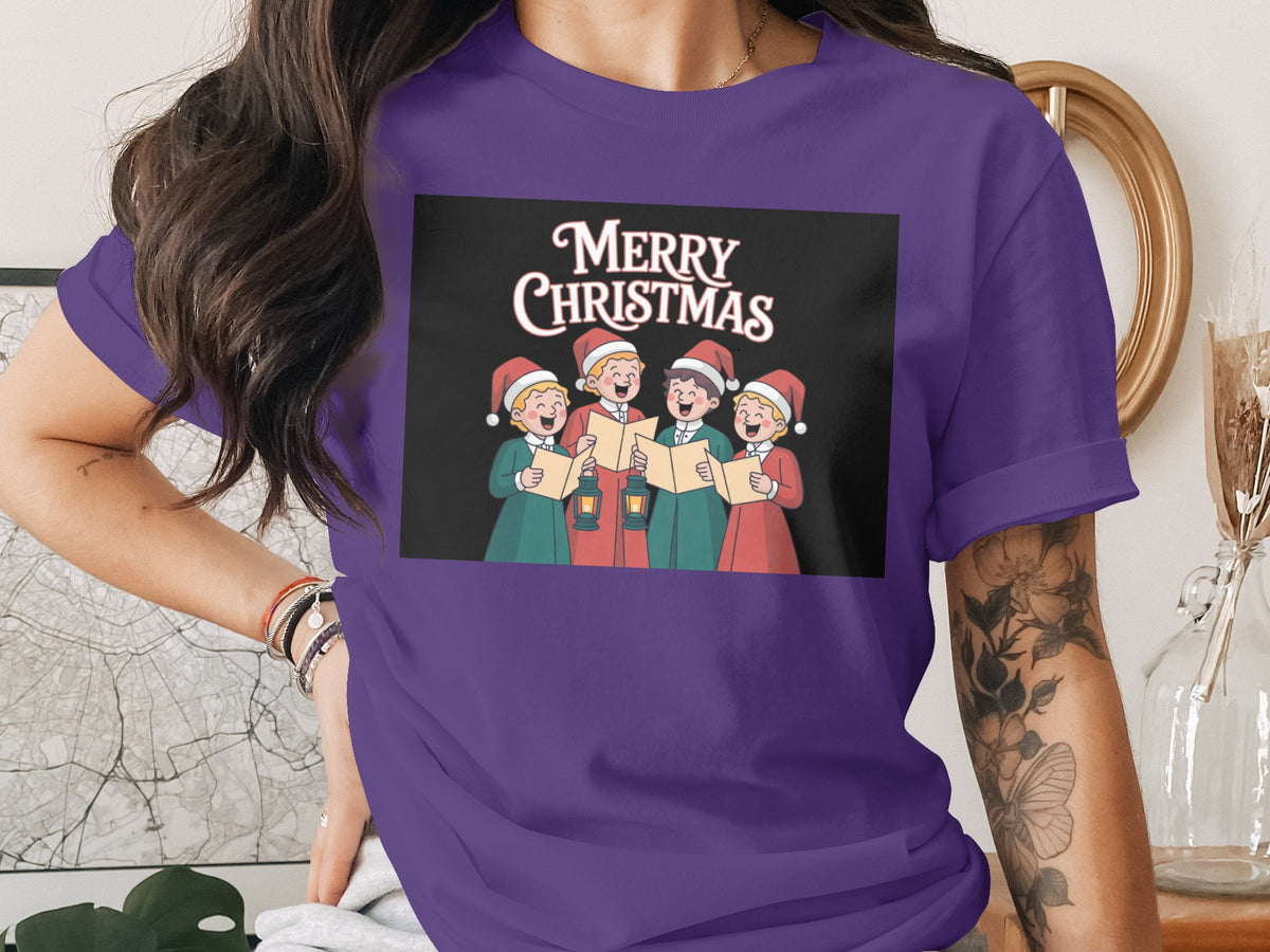 Purple t-shirt with cartoon carolers and "Merry Christmas" text.