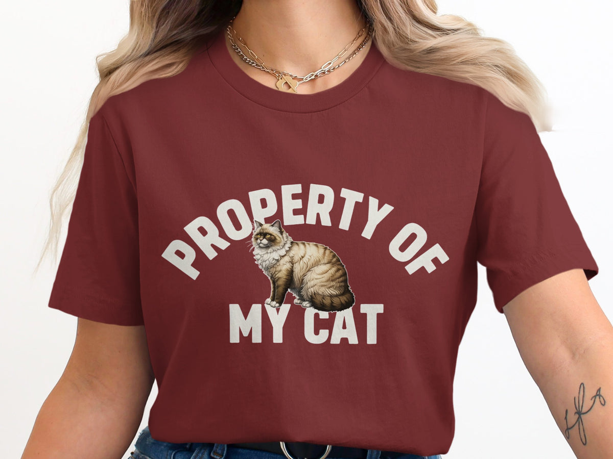 Maroon t-shirt with white text "PROPERTY OF MY CAT" and a cat illustration.