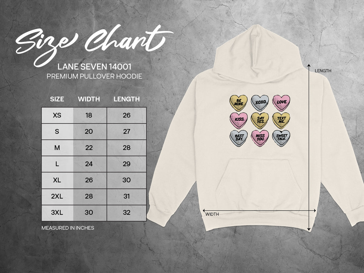 Lane Seven 14001 premium pullover hoodie size chart with width and length measurements.