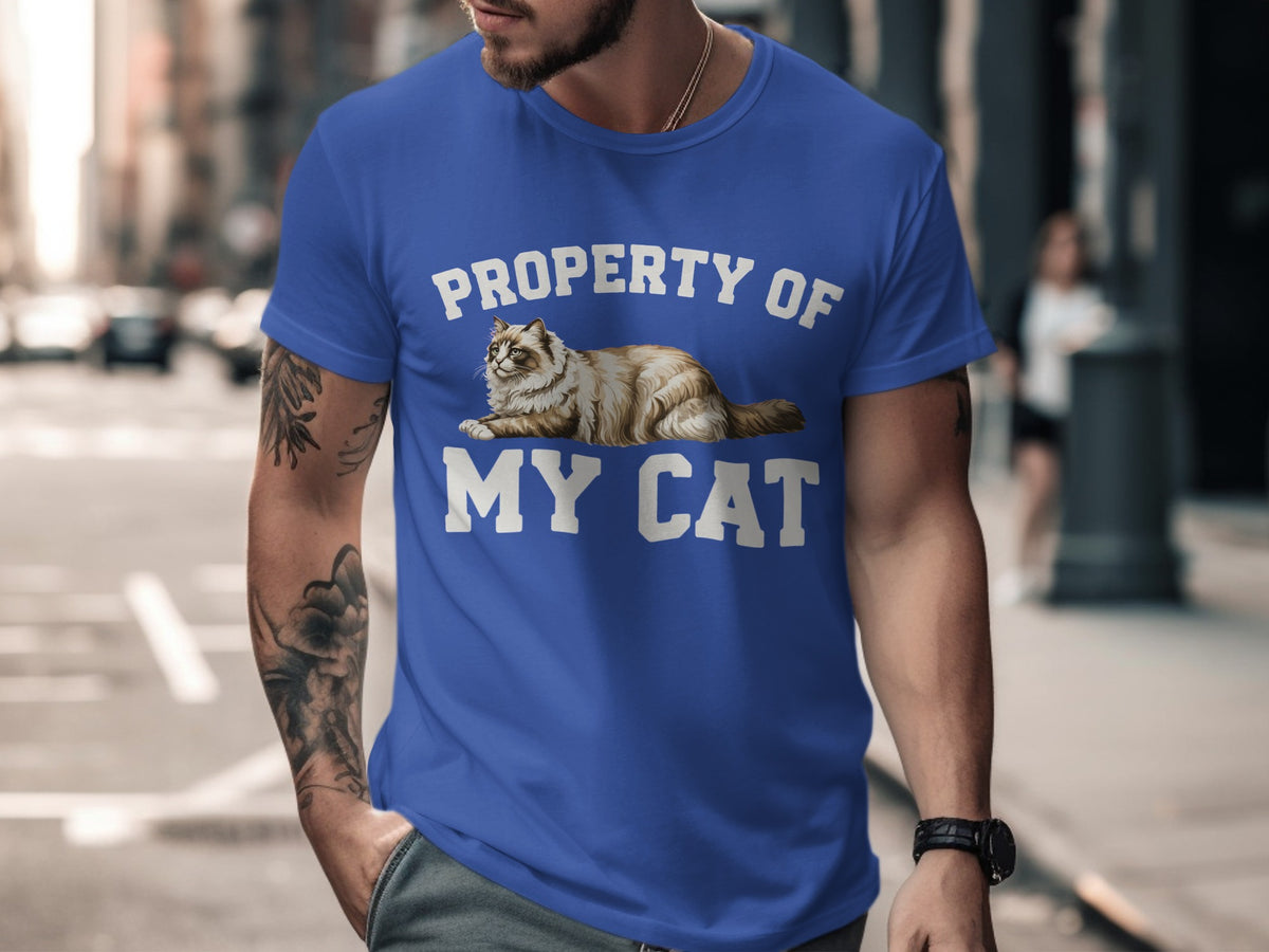 Blue t-shirt with "PROPERTY OF MY CAT" and a cat graphic.