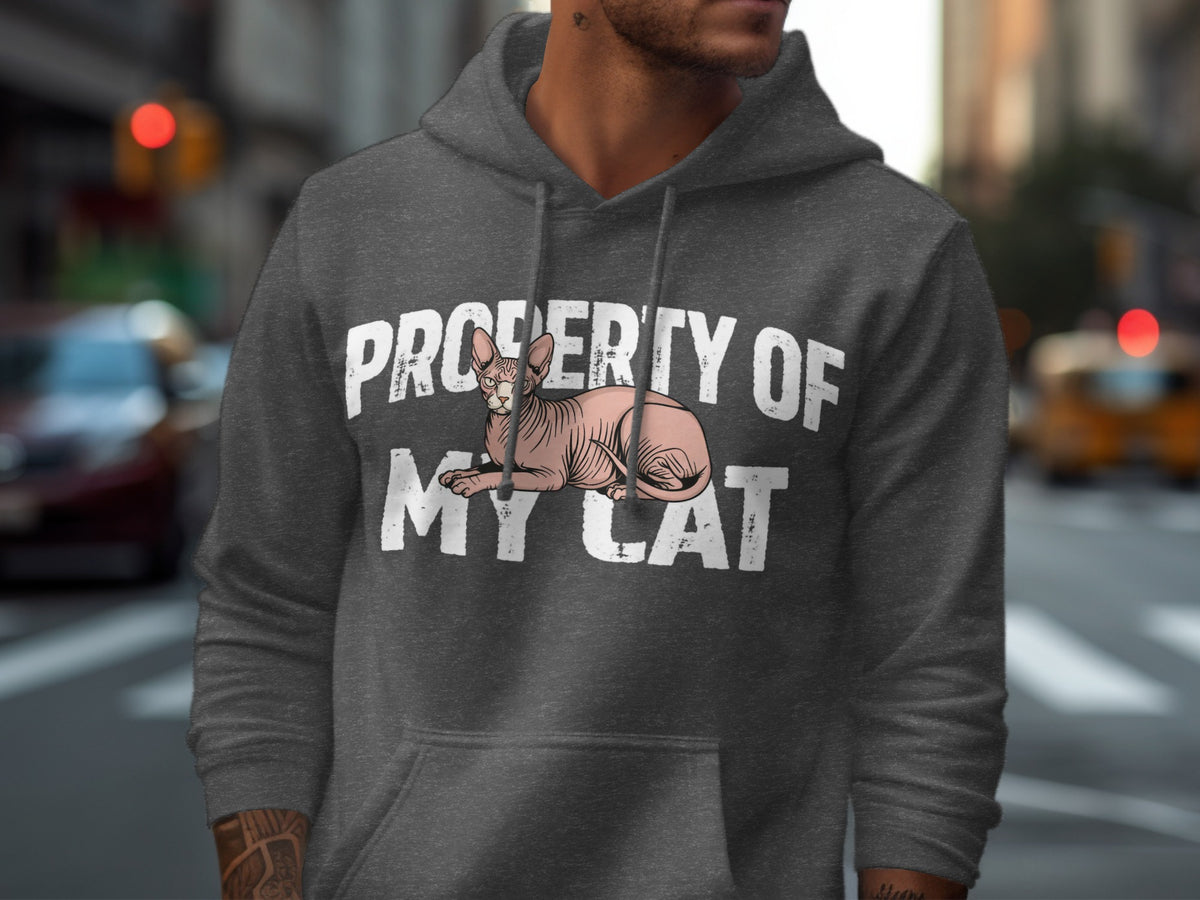 Dark gray hoodie with white text "PROPERTY OF MY CAT" and a sphinx cat graphic.