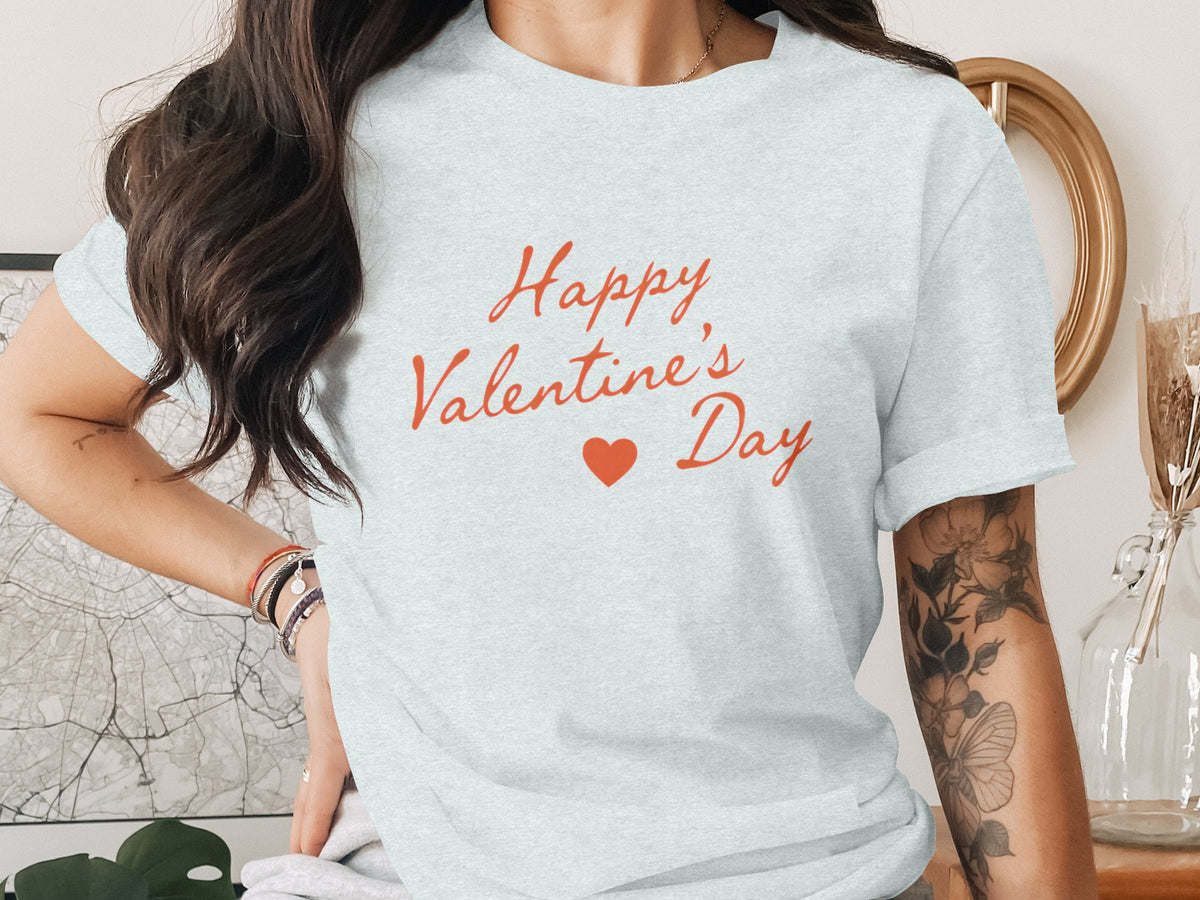 Light grey t-shirt with red "Happy Valentine's Day" text and heart.