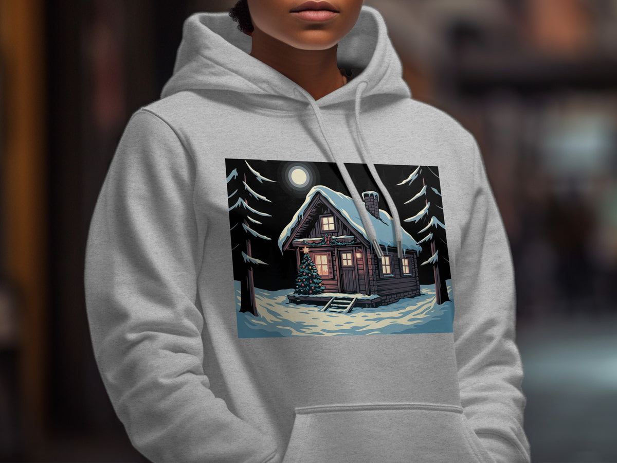 A light gray hooded sweatshirt featuring a graphic print of a snowy cabin at night.