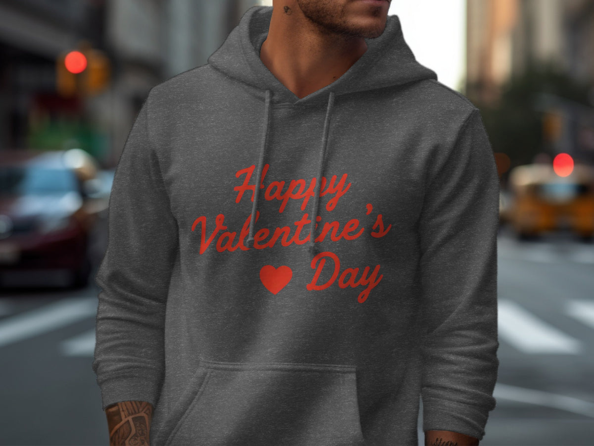 Dark grey hoodie with red text "Happy Valentine's Day" and a heart.