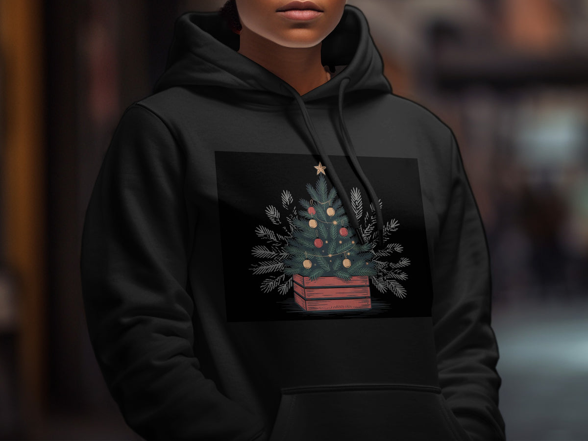 A person wearing a black hooded sweatshirt with an illustrated graphic of a decorated Christmas tree in a wooden crate on the chest.