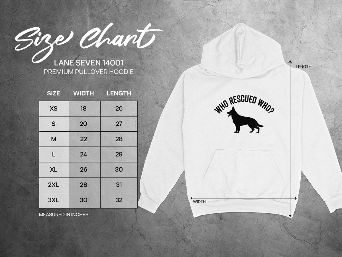 Lane Seven 14001 Premium Pullover Hoodie size chart with width and length measurements.