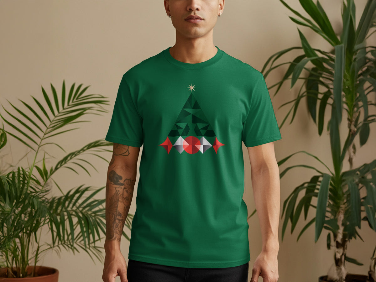 Green t-shirt with a geometric Christmas tree graphic and a star on a man.