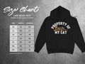 Lane Seven 14001 premium pullover hoodie size chart with "Property of My Cat" graphic.