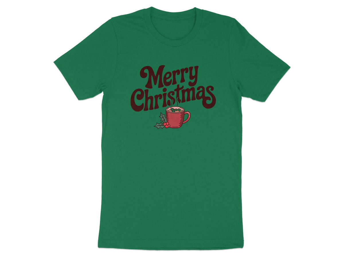 Green t-shirt with "Merry Christmas" text and a mug illustration.