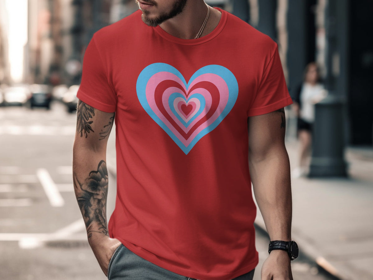 Red t-shirt with a concentric heart design in pink and blue.