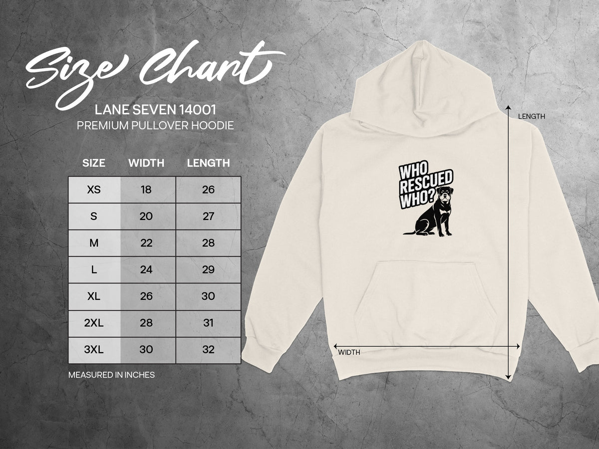 Size chart for Lane Seven 14001 premium pullover hoodie with dog graphic.