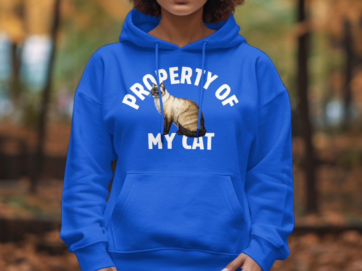 Blue hoodie with "PROPERTY OF MY CAT" and Siamese cat graphic.