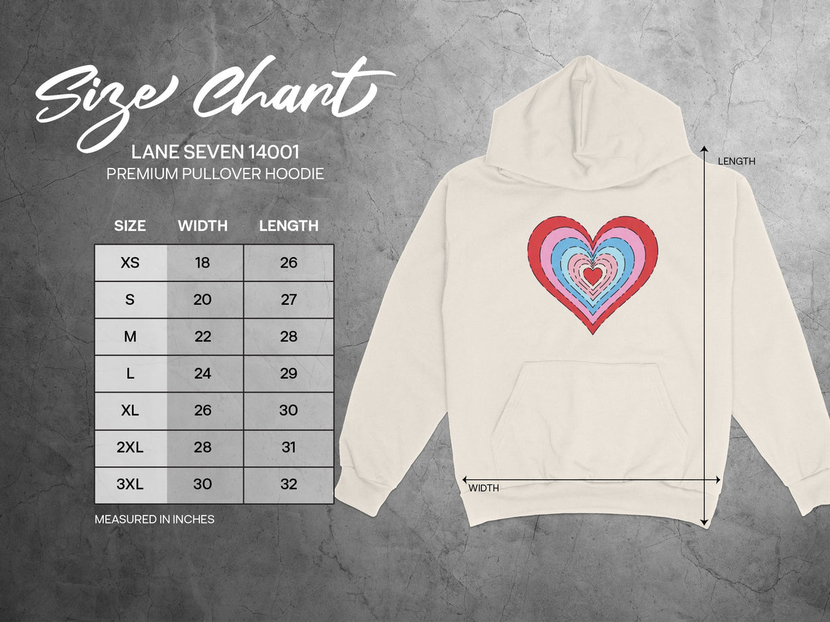 Lane Seven 14001 Premium Pullover Hoodie size chart with width and length measurements.