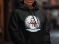 Black hoodie with a cartoon snowman wearing a scarf and hat.