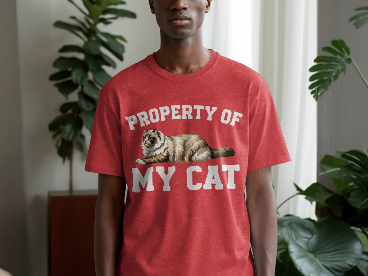 Red t-shirt with "PROPERTY OF MY CAT" text and a cat graphic.
