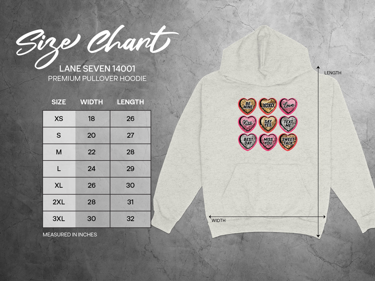 Size chart for Lane Seven 14001 premium pullover hoodie with candy heart graphic.