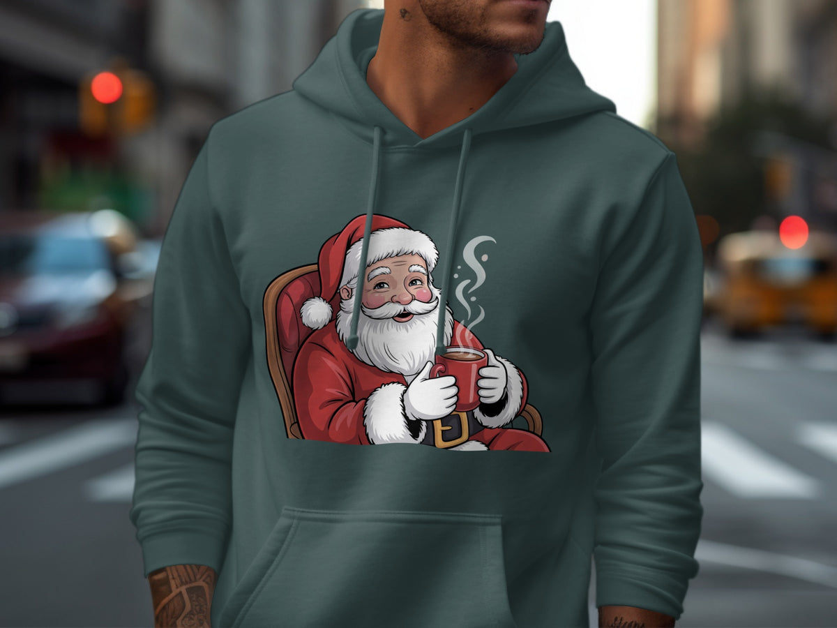 A dark green hooded sweatshirt featuring a graphic of Santa Claus drinking from a red mug.