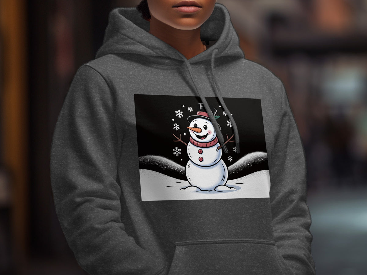 Dark grey hoodie with a smiling snowman graphic and snowflakes.
