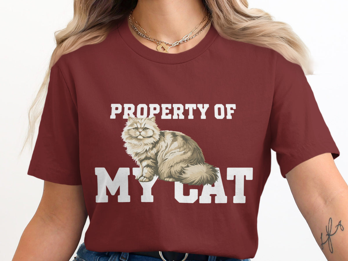 T-shirt with "PROPERTY OF MY CAT" text and fluffy cat graphic.