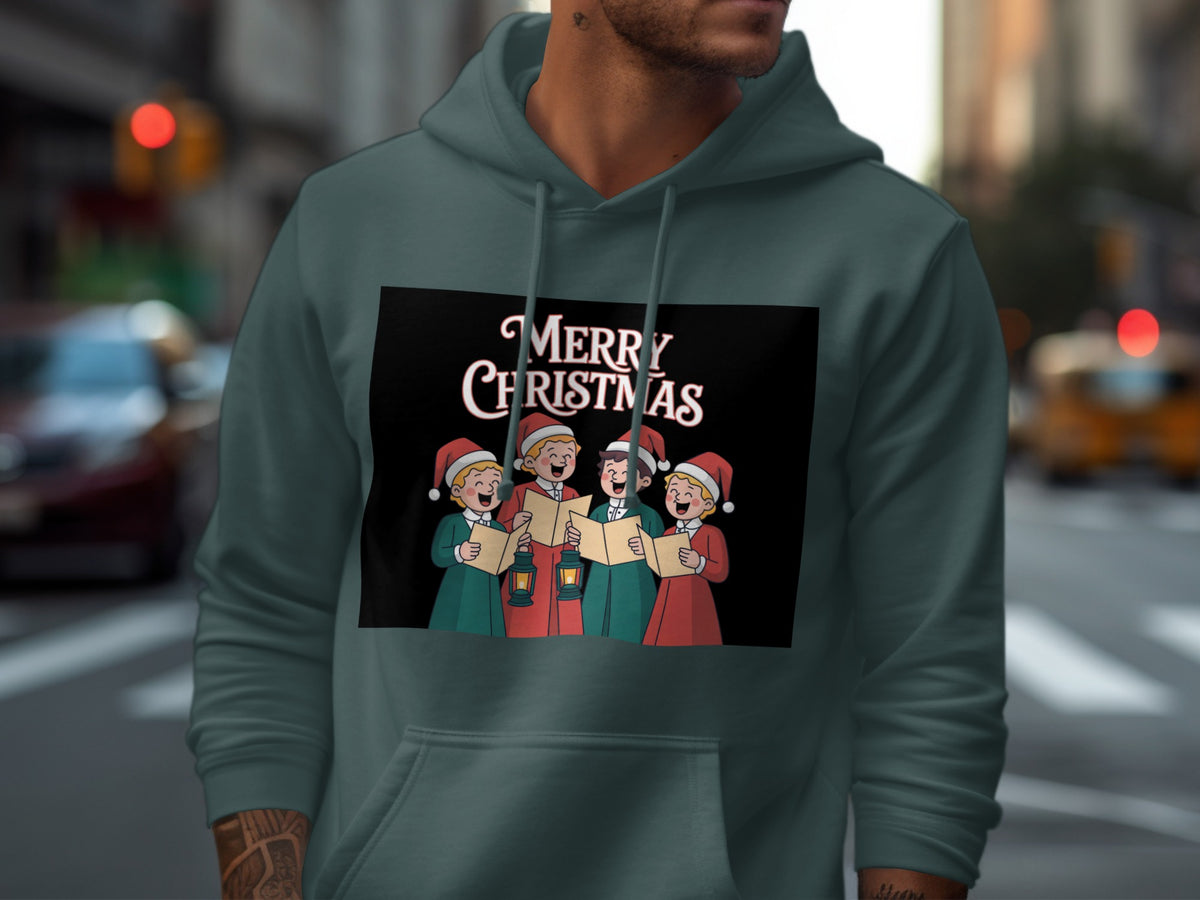 Four cartoon children in Santa hats sing "Merry Christmas" holding books and lanterns.